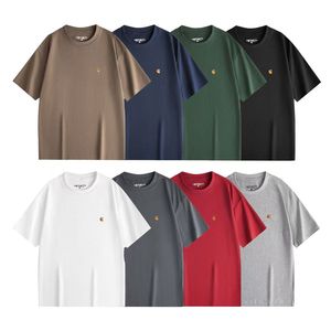 Camiseta de manga corta bordada con etiqueta dorada de marca de moda, unisex, para parejas, estilo Carha, holgada, de color liso. - Product Image 1