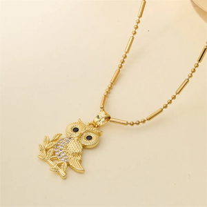 Elegante Collar con Colgante de Búho Chapado en Oro de 18K con Circonita Incrustada, Cadena de Pájaro y Bambú para Mujer, Joyería Diaria - Product Image 2