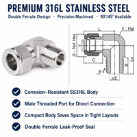 Stainless Steel Male Elbow Connector 90Degree 316 Double Ferrule Tube Fitting for Instrumentation Hydraulic System