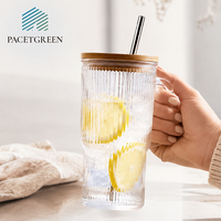 Gobelet en verre côtelé PACETGREEN avec poignée, couvercle en bambou, paille en acier inoxydable, tasse à café résistante à la chaleur pour boissons glacées