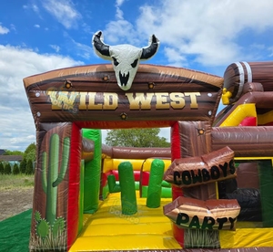 Château gonflable commercial à thème Cowboy du Far West, avec parcours d'obstacles, en PVC, pour enfants, idéal pour la location - Product Image 1