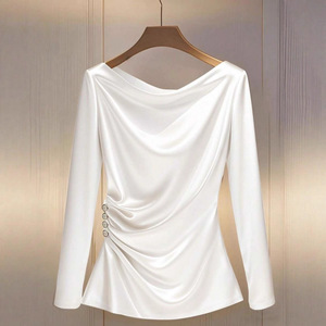 Camiseta Casual <span class=keywords><strong>de</strong></span> <span class=keywords><strong>Mujer</strong></span> con Hombros Descubiertos, Manga Larga, Corte Ajustado, Poliéster, Algodón y Spandex, Cintura Asimétrica - Product Image 1