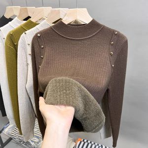 Pull pour femme, col rond, manches longues, coupe ajustée, doublure en polaire, épais et chaud, pour l'hiver - Product Image 4