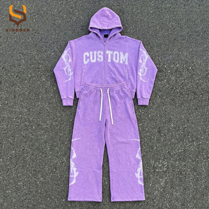 Conjunto Deportivo de Hombre, Pantalones Deportivos de Felpa Francesa de Algodón y Sudadera con Capucha y Cierre de Cremallera, Diseño con Estampado y Lavado Ácido - Product Image 2