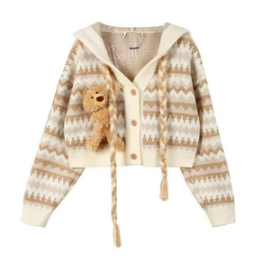 Women's Retro Knitted Long Sleeve <b>Cardigan</b> Loose Hooded Short Sweater Coat With Bear Embroidery Vintage Style - Product Image 1
