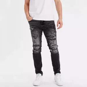 Naturally faded slim fashion style black wash crazy jeans for men