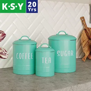 Set of 3 galvanized metal canister coffee tea sugar container bin food storage box jar