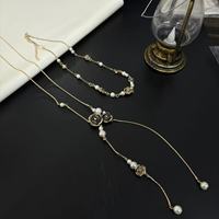 Collier vintage camélia à double rang avec pendentif perle élégant, chaîne de clavicule chic, accessoires de créateur
