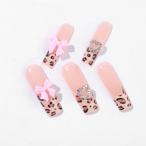 24 <span class=keywords><strong>Uñas</strong></span> Postizas Acrílicas Medianas, Diseño Francés Ballet, Lazo de Leopardo, Cuadradas, Cobertura Total, Estilo Stiletto, Puntas de <span class=keywords><strong>Uñas</strong></span> a Presión, Logotipo Personalizado - Product Image 5