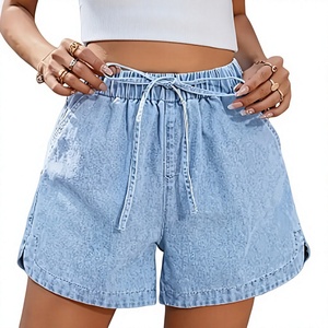 <b>Women's</b> Light Washed Denim Shorts Mid Rise <b>Elastic</b> Waist Drawstring Loose Fit <b>Jean</b> Casual Summer - Product Image 1