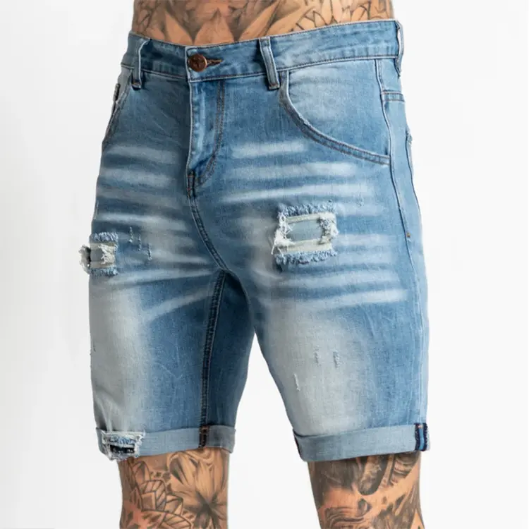 Wholesale custom jeans men's clothing fashion ripped blue denim pants skinny short jeans men