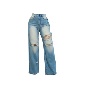 Jean en denim déchiré taille haute à jambe large pour femme, coupe décontractée, longueur intégrale, style vintage, en coton - Product Image 1