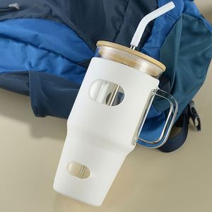 Gobelet à eau en verre portable pour le camping, 32 oz, enveloppe en silicone souple, poignée ergonomique, couvercle en bambou avec paille scellée, XH GT8011 - Product Image 4