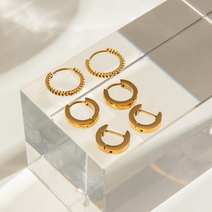 Huggie Earrings Gold Tone Stainless Steel Small Hoop Geometric Design Everyday Wear Unisex Jewelry - Product Image 3