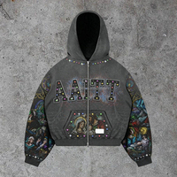 Sudadera con capucha de algodón personalizada con cremallera, estilo boxy, desgastada, de peso pesado, con diamantes de imitación, para hombre, fabricante