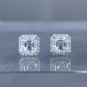 Boucles d'oreilles en argent sterling S925 avec moissanite taille Asscher carrée, pavées de petites pierres, bijoux pour femmes, cadeaux - Product Image 2