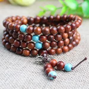 Fashion Red Twig Wood Turquoise Beaded Multilayer Bracelet 108 Wooden Buddha Beads Bracelet