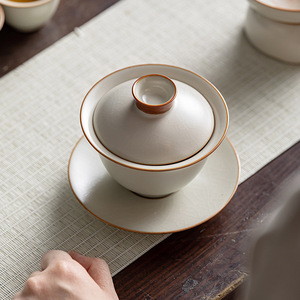 Ru Ware Three Piece Gaiwan Porcelain Covered <b>Tea</b> Bowl With Lid Rice Yellow Grain Pattern Kung Fu <b>Tea</b> <b>Set</b> - Product Image 4