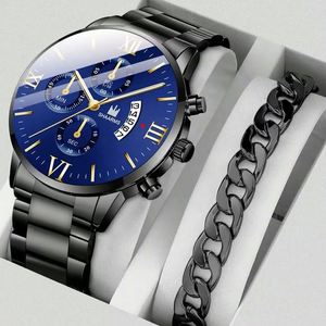 Ensemble 2pcs de montre et bracelet à quartz avec calendrier à trois yeux et cadran rond à la mode pour hommes d'affaires - Product Image 1