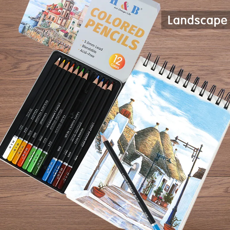Crayon de couleur à l'huile en bois naturel, fournitures de crayons haute qualité OEM, 12 pièces
