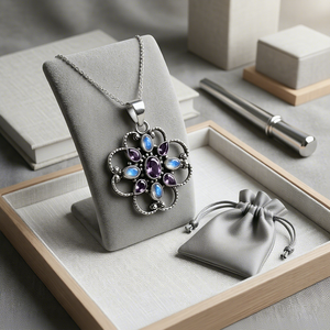 Art Palace Silver Flower <b>Pendant</b> With <b>Amethyst</b> And Rainbow Moonstone Bezel Set Vintage Style Unisex Jewelry For Everyday Wear - Product Image 3