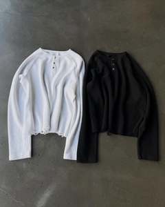 เสื้อยืดแขนยาวทรงบ็อกซี่ผ้าวาฟเฟิลเนื้อหนา 400 กรัม สำหรับผู้ชาย เสื้อยืดแขนยาวผ้าวาฟเฟิลแบบเรียบ - Product Image 1