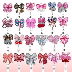 Porta Badge in Acrilico con Glitter <span class=keywords><strong>Serie</strong></span> Bow, Porta Tessere Elastico in Plastica, Ciondolo Decorativo, Porta Badge Avvolgibile - Disponibilità Immediata dalla Fabbrica - Product Image 1