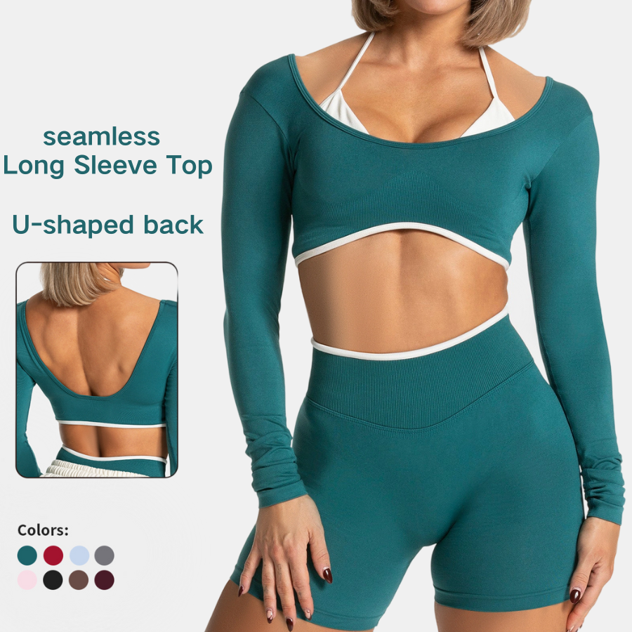 Seamless Yoga Top Women Tight Fit Long Sleeve U Back Contrast Edge Quick Dry Stretch Breathable Workout Shirt Gym Top