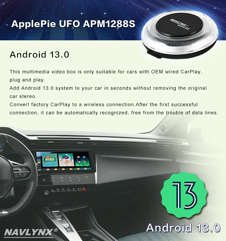 NAVLYNX ApplePie UFO CarPlayAIボックスワイヤレスCarPlayAndroid自動マルチメディアLTEGPS BMWダッジシボレープジョーシトロエンBYD