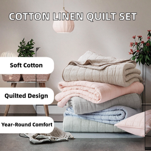 Luxury Modern Washed Cotton Linen <b>Quilt</b> Set <b>Bedspread</b> Coverlet Box Stitched 2 Pillow Shams All-Season Cornflower Blue - Product Image 2