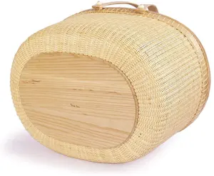 Cesta de pícnic de ratán con tapa de madera, cesta de mano de almacenamiento, venta al por mayor
