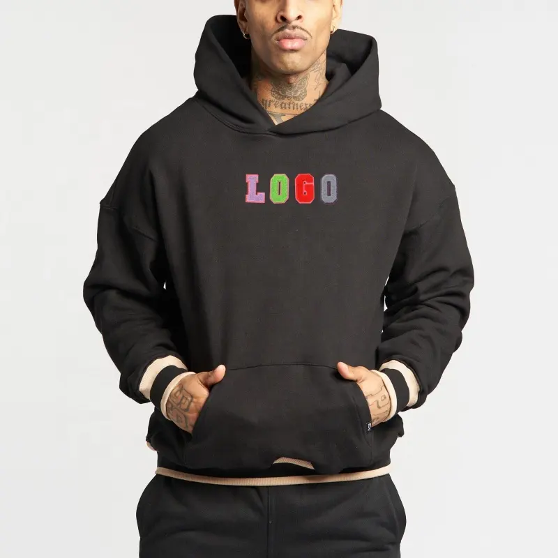 Customize Oversize Street Wear Color Block Pullover Chenille Embroidery Hoodies Men