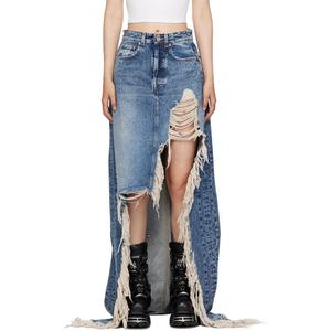 กระโปรงยีนส์แม็กซี่สีน้ำเงินแบบทำสีซีดขอบรุ่ย ทรงเอ สมมาตร แต่งดีเทลขาดๆ สำหรับผู้หญิง - Product Image 3