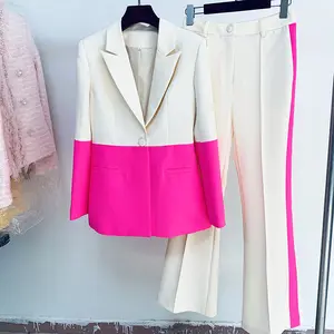 Şık tasarım Patchwork iş kadın takım elbise kadınlar için resmi seti moda pembe Splice kayısı Blazer takım elbise alevlendi pantolon kariyer takım elbise