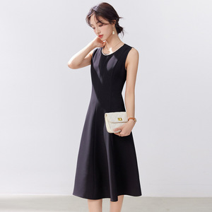Black French Style Sleeveless Vest Dress A Line Midi Length O Neck Solid Color Simple Anti Wrinkle Daily Wear Plus Size Women's - Product Image 3