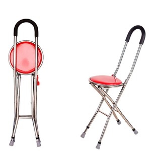 Joy Point Cane Stool Stainless Steel <b>Folding</b> With Red Seat For Elderly Support - Product Image 1