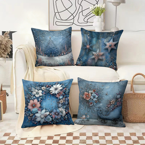 Gối trang trí Giáng sinh màu xanh với họa tiết bông tuyết, hoa và xe trượt tuyết, tạo không khí lễ hội ấm cúng cho phòng khách trong ngày lễ. - Product Image 2