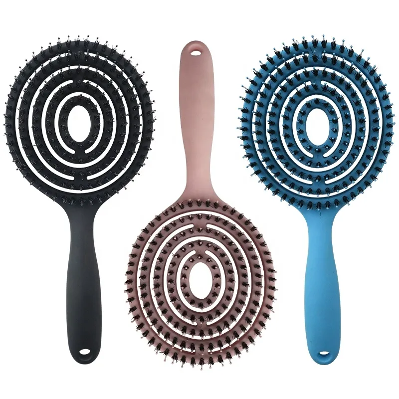 Custom Logo Matte Round Paddle Massage Comb Boar Bristle Vent Detangling Flexible Hair Brush Blow Drying Styling Brushes