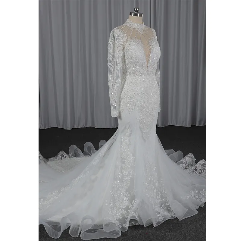 Luxury Long sleeve High neck line pearls beaded lace applique beautiful Mermaid/Trumpet wedding dress bridal gown