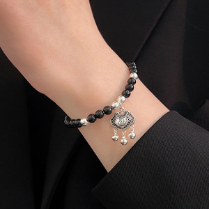 Bracelet en argent sterling S925 avec motif Fu pour femme, bijoux perlés élastiques à porter au quotidien - Product Image 1