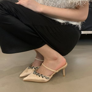 2024 New Pointed Rhinestone High-heeled Champagne-colored Sandals Half-tow Outer Wear Women's in Stock 35-40 - Product Image 1