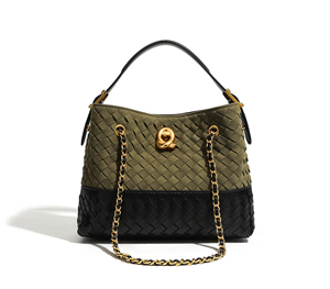 Fashionable High-end Women's Woven Shoulder Bag Two-Tone Brown Suede Shoulder Bag with Chain Strap <b>Lock</b> Closure bucket handbags - Product Image 4
