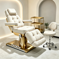 Fauteuil de beauté chauffant électrique en velours à 3 moteurs, lit facial inclinable avec base dorée, chaise de salon avec tabouret et chariot pour institut de beauté et spa