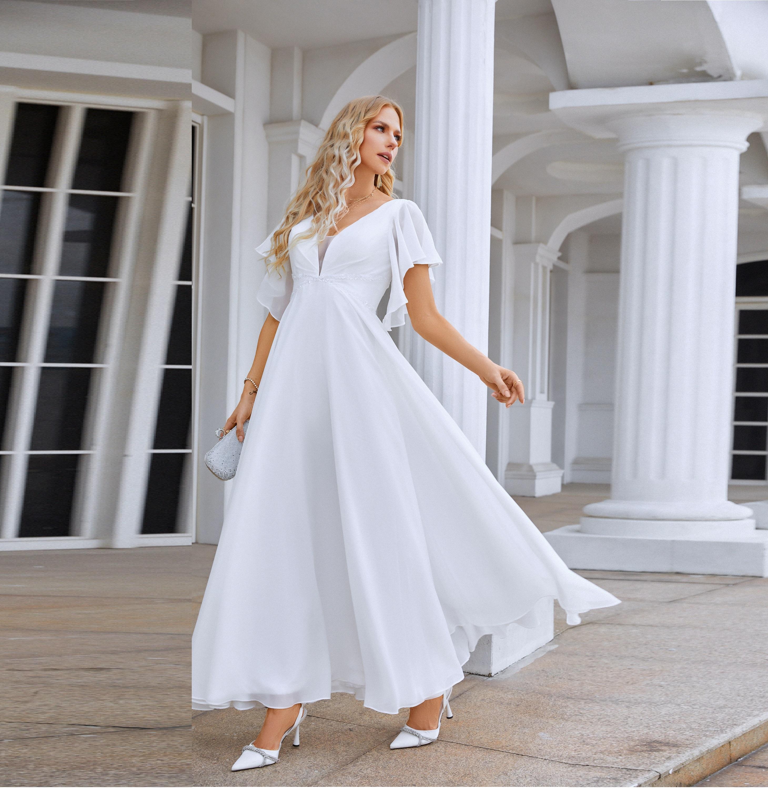 Long Sleeve White Chiffon Dress Sexy Ruffled White Chiffon Prom