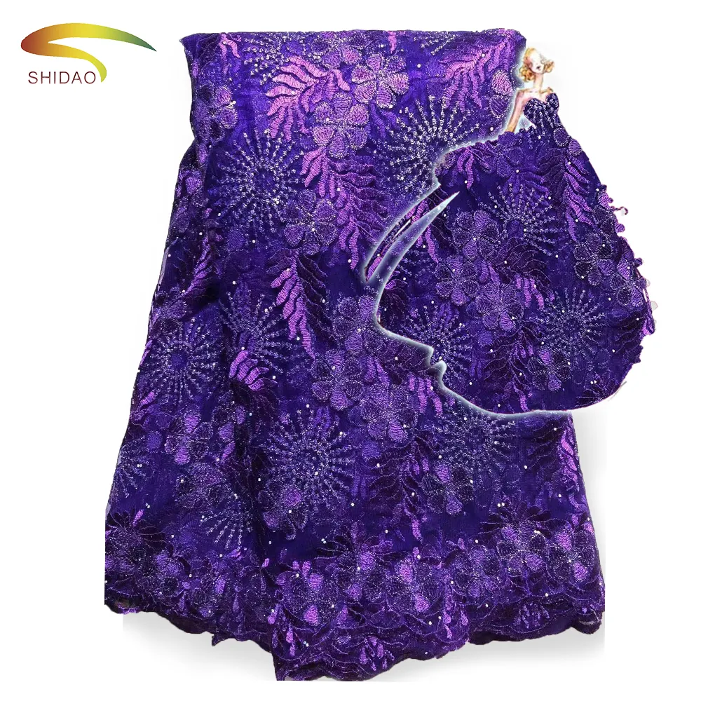 Luxury Purple African French Net Lace Floral Embroidery With Stones Lace Fabric For Lady Dress Fabric