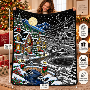 Couverture en peluche personnalisable pour village de Noël à colorier soi-même avec 24 marqueurs de couleur, en flanelle douce, pour la saison hivernale - Product Image 1