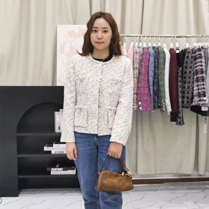 MIER DS130068 Handmade Office Wear Tweed <strong>Jacket</strong> <strong>Boucle</strong> Slim Fit <strong>White</strong> Women's Blazer With Multicolored Dots and Nice Buttons - Product Image 1