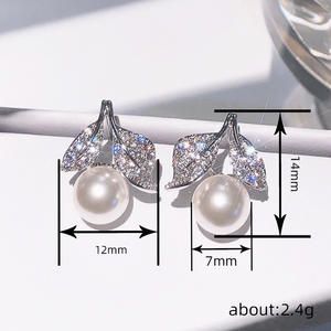 Boucles d'oreilles classiques en forme de feuille avec perle Akoya, argent 925 plaqué rhodium, pour femmes, bijoux de mariage - Product Image 6