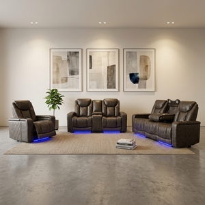Conjunto de Sofás Reclinables Eléctricos de Cuero Sintético Contemporáneo con Almacenamiento, Luces LED USB y Mesa Abatible con Luz de Lectura - Product Image 1