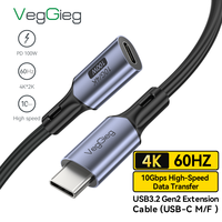 Câble d'extension VegGieg USB3.2 Gen2 Type-C mâle vers femelle, charge rapide PD 100W, transfert de données 10 Gbps, extension vidéo 4K